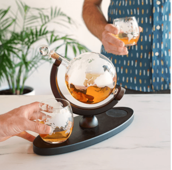 Globe Themed Decanter & Tumblers Set w/Wood Base - 39 North CO