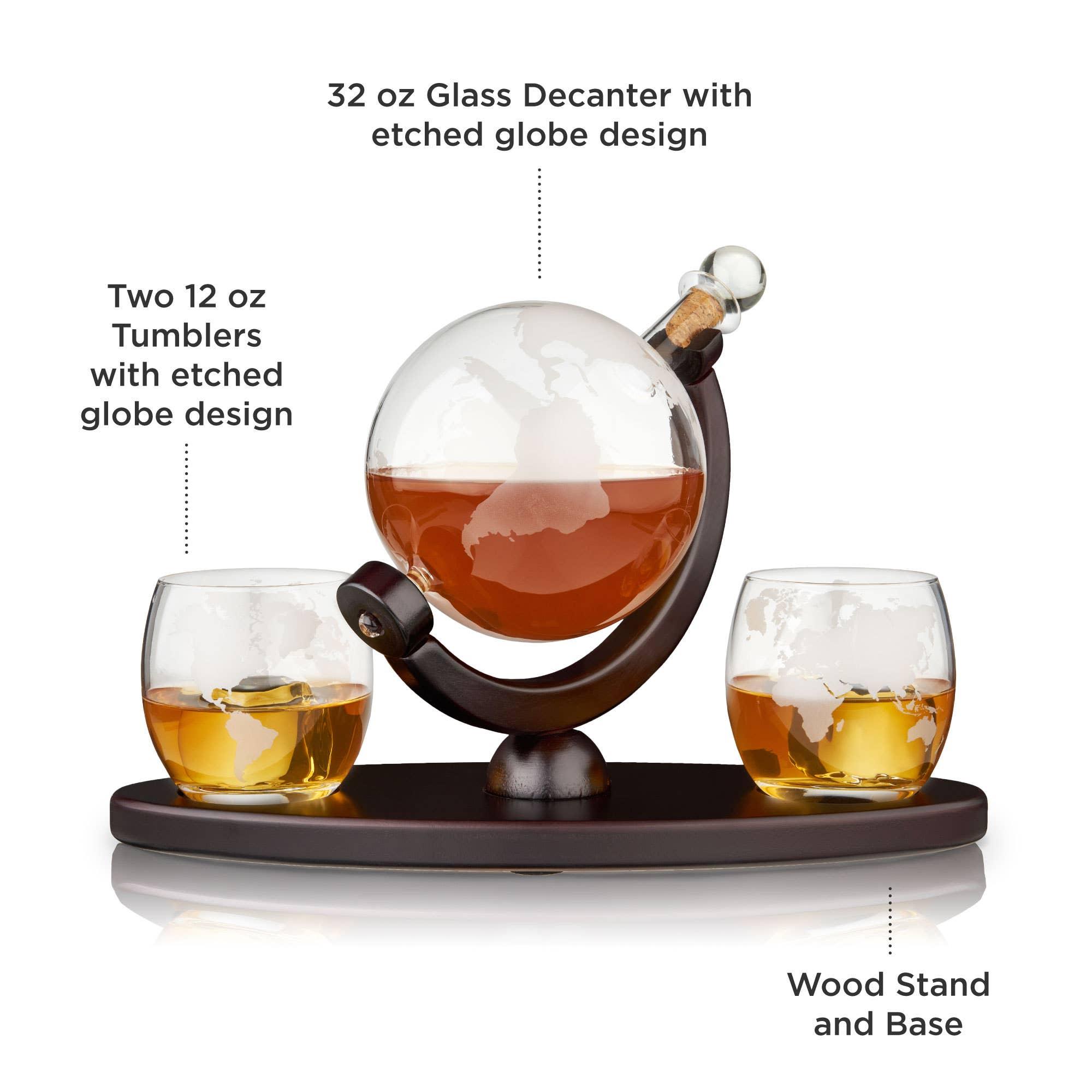 Globe Themed Decanter & Tumblers Set w/Wood Base - 39 North CO