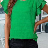 Textured Ruffled Sleeve Round Neck Top