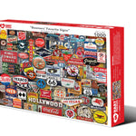 Boomers' Favorite Signs 1,000-piece jigsaw puzzle box showing a collage of vintage gas station, soda, diner and road signs