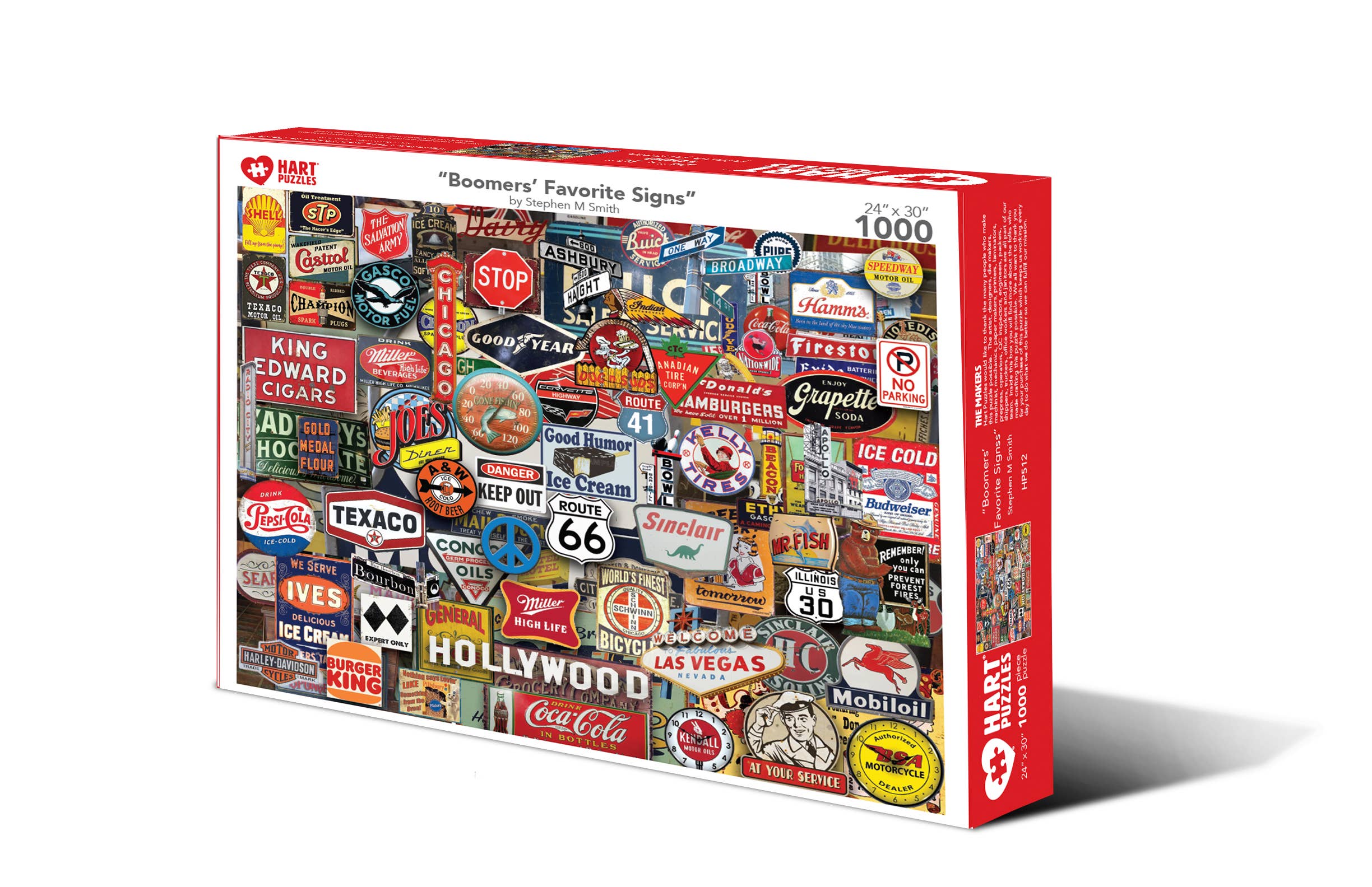 Boomers' Favorite Signs 1,000-piece jigsaw puzzle box showing a collage of vintage gas station, soda, diner and road signs