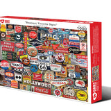 Boomers' Favorite Signs 1,000-piece jigsaw puzzle box showing a collage of vintage gas station, soda, diner and road signs