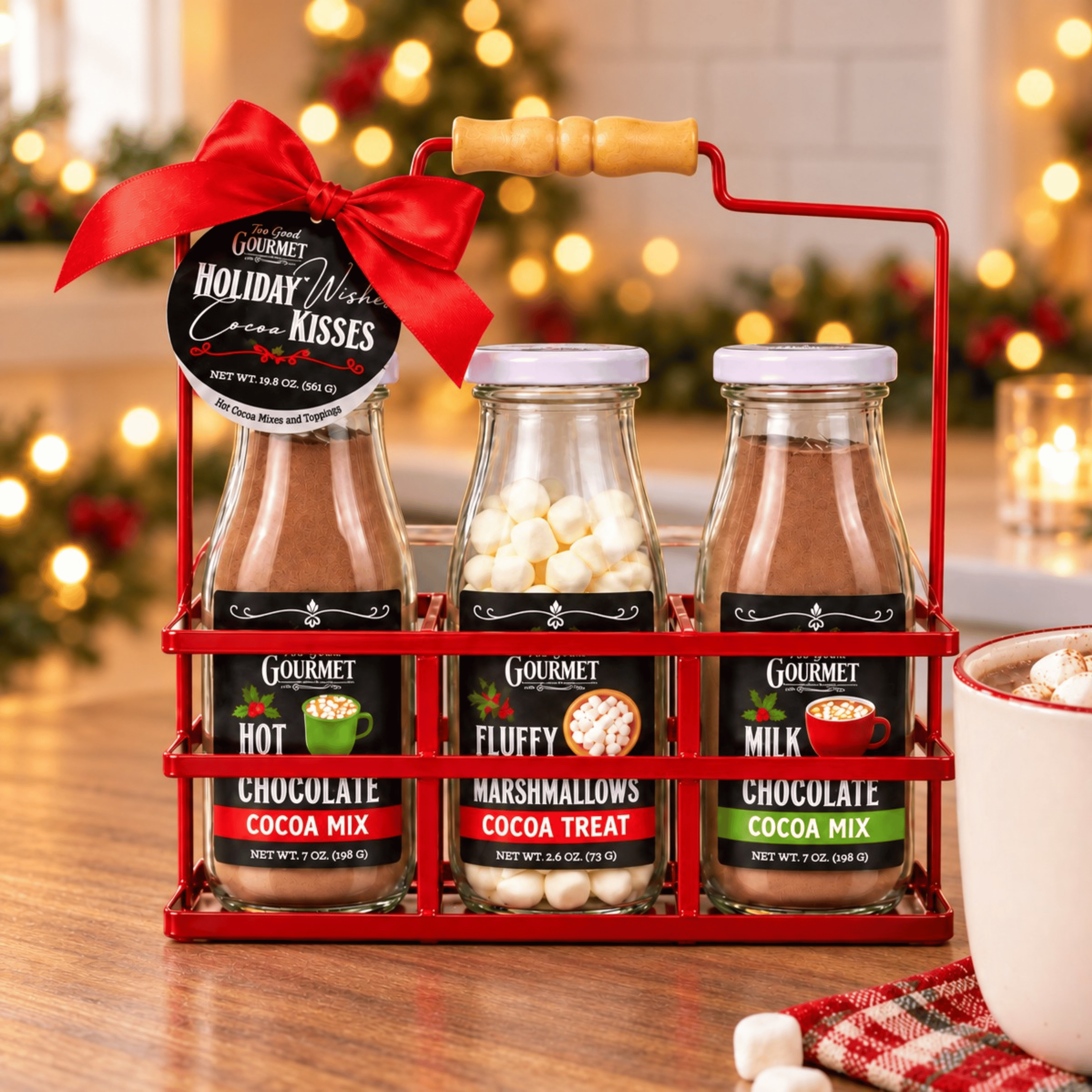 Three glass bottles of cocoa mix and marshmallows in a red wire carrier on a kitchen counter with string lights