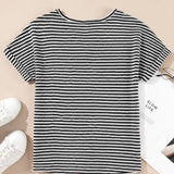 Stripe Textured Notched Neck Cuffed Short Sleeve Top