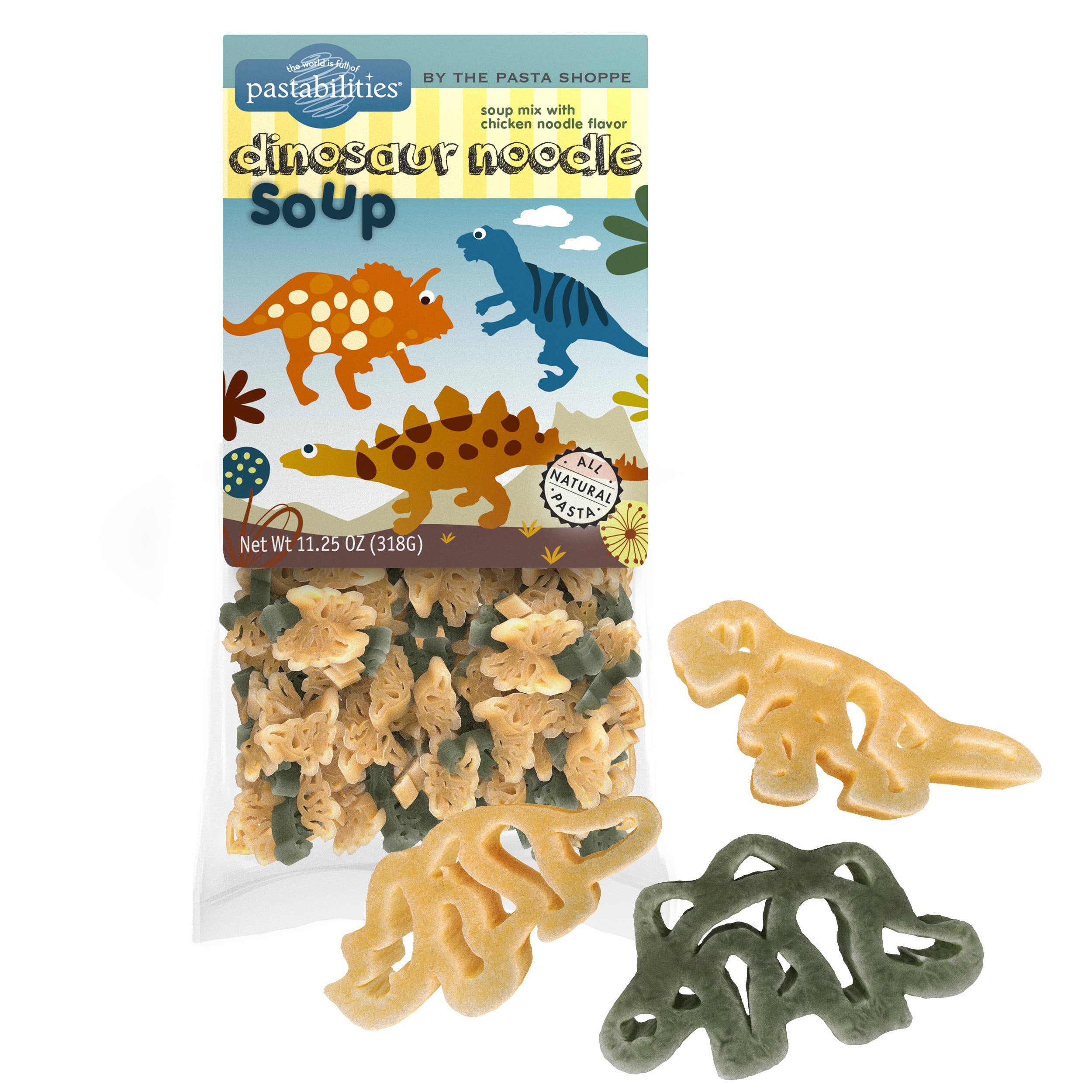 Pastabilities Dinosaur Noodle Soup bag with dinosaur-shaped pasta