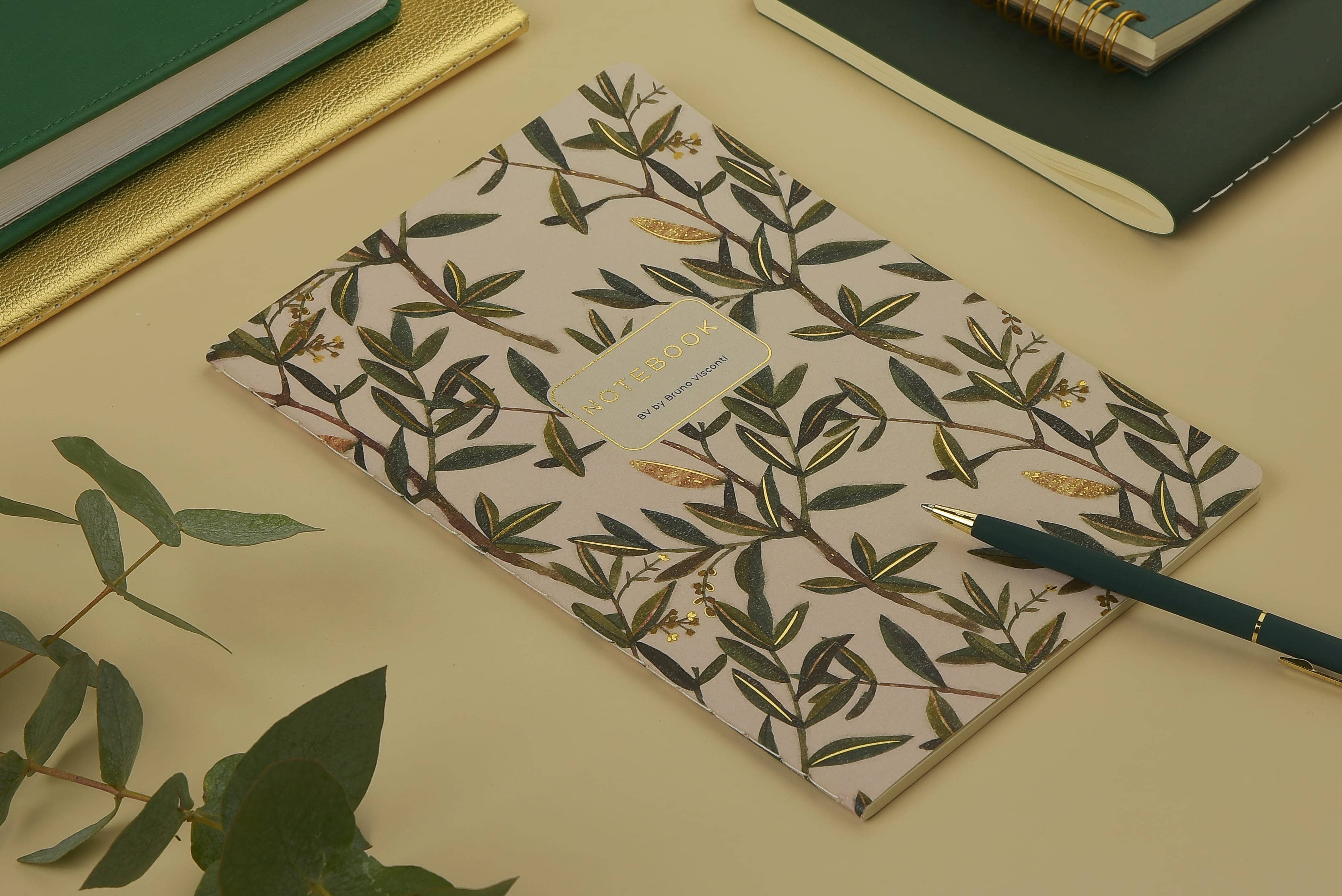 A5 soft-touch notebook with an olive branch cover design, interior ruled pages