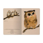 A5 ruled notebook with an illustrated owlet cover design, detail view