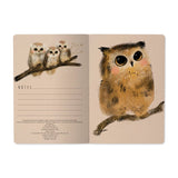 A5 ruled notebook with an illustrated owlet cover design, detail view