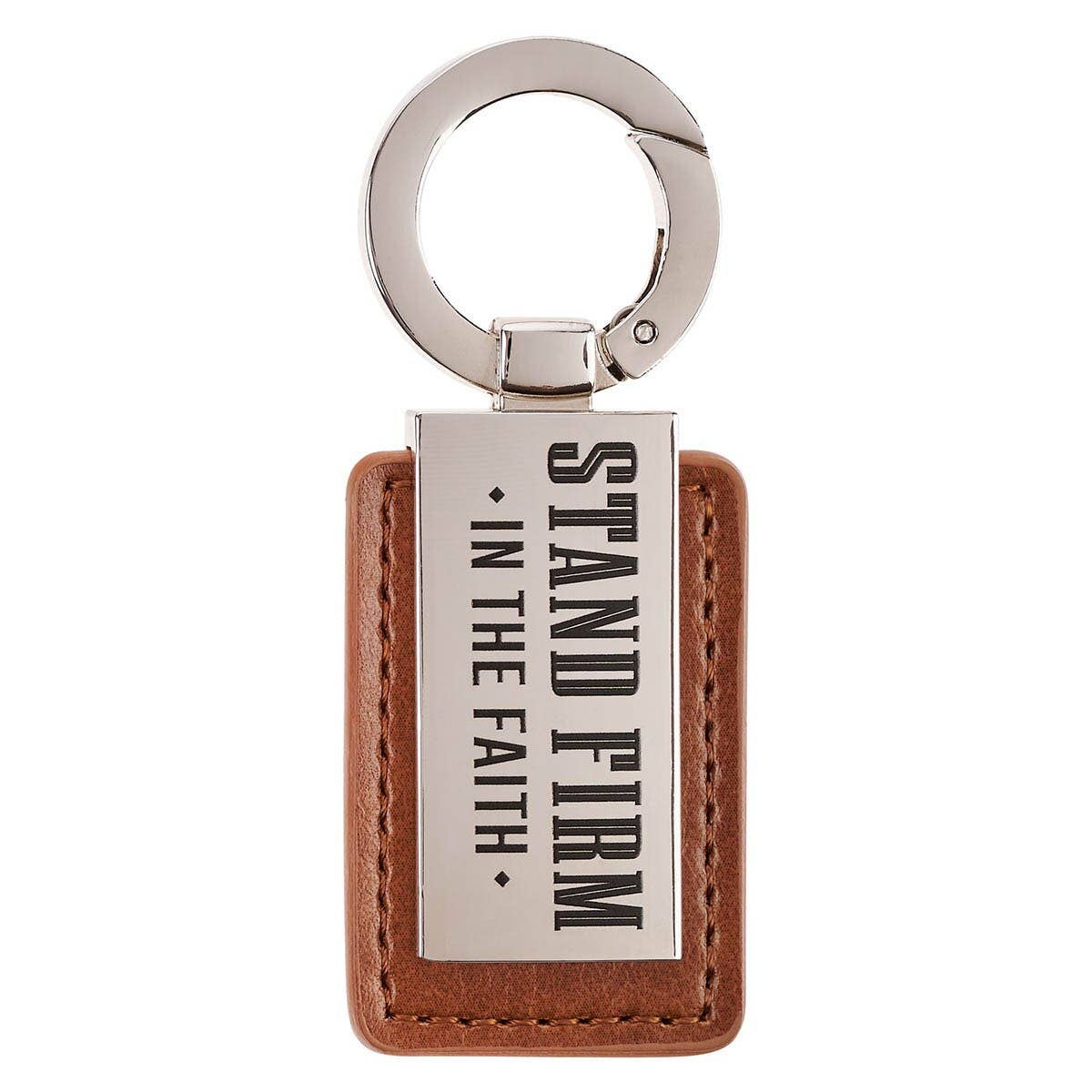 Stand Firm in the Faith honey-brown faux leather keychain with 1 Corinthians 16:13