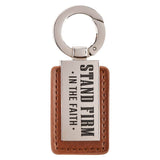 Stand Firm in the Faith honey-brown faux leather keychain with 1 Corinthians 16:13