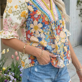Crochet V Neck Half Sleeve Boho Floral Blouse