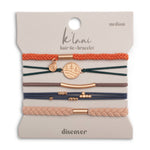 Discover hair tie bracelet set in orange, green, blue and brown with gold pine tree charm
