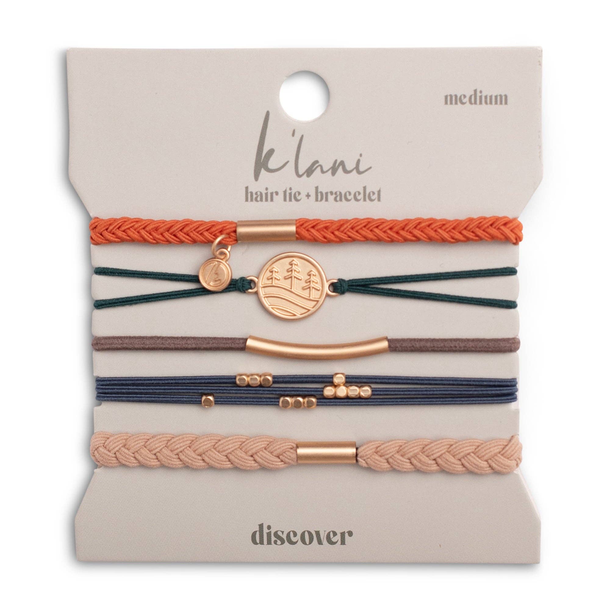Discover hair tie bracelet set in orange, green, blue and brown with gold pine tree charm
