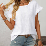 Dark Blue Solid Color Crewneck Sweet Short-Sleeve Hollow-Out Top