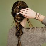 Climb hair tie bracelet set in brown, cream and green with gold mountain charm, view 4