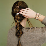 Climb hair tie bracelet set in brown, cream and green with gold mountain charm, view 4