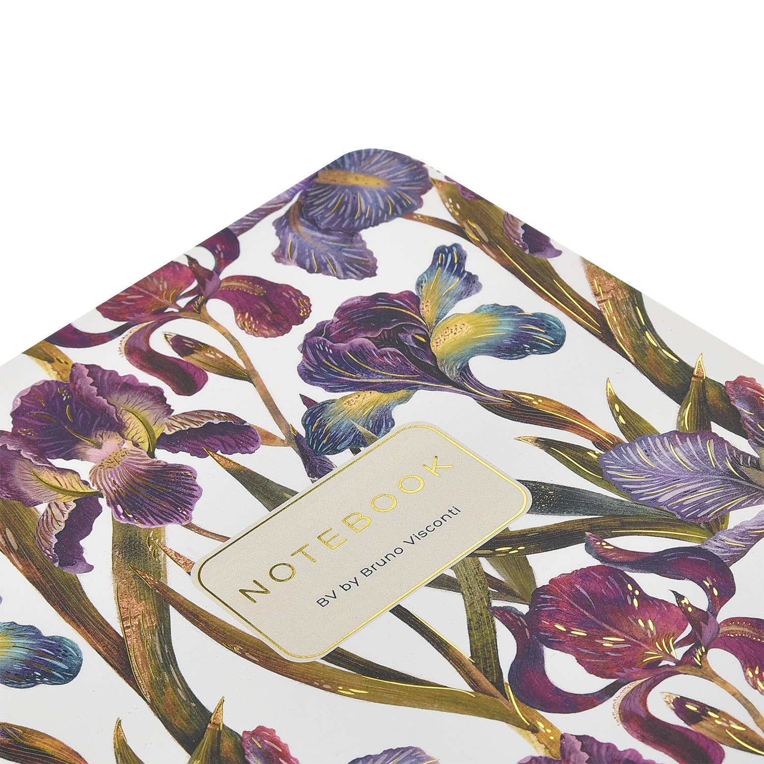 A5 ruled notebook with a painted iris cover design, interior ruled pages
