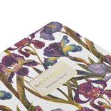 A5 ruled notebook with a painted iris cover design, interior ruled pages