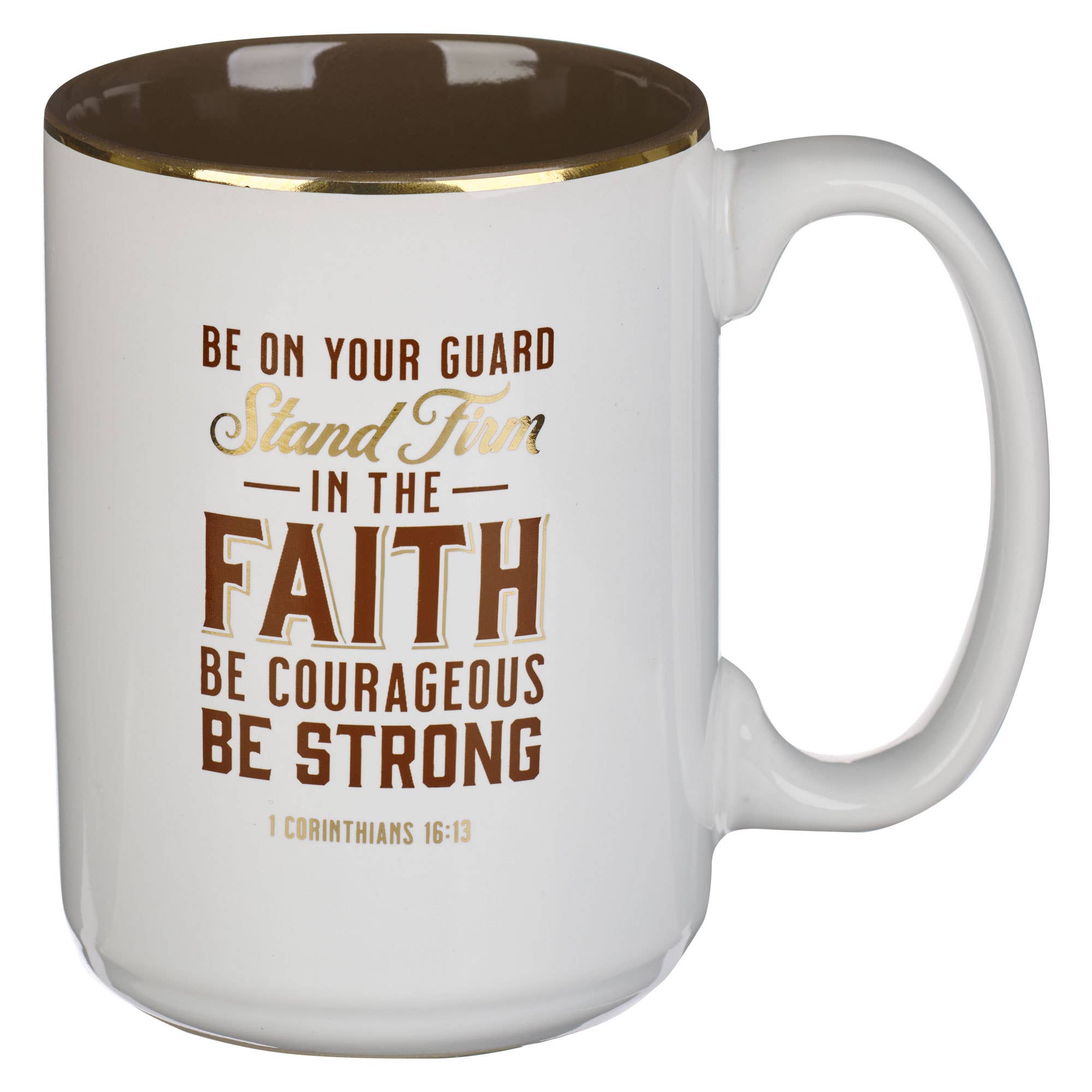 Stand Firm white ceramic mug with brown interior and gold-foiled 1 Corinthians 16:13