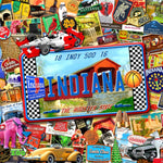 Completed Indiana 1,000-piece jigsaw puzzle: a colorful collage of Indiana landmarks and icons around an Indiana license plate