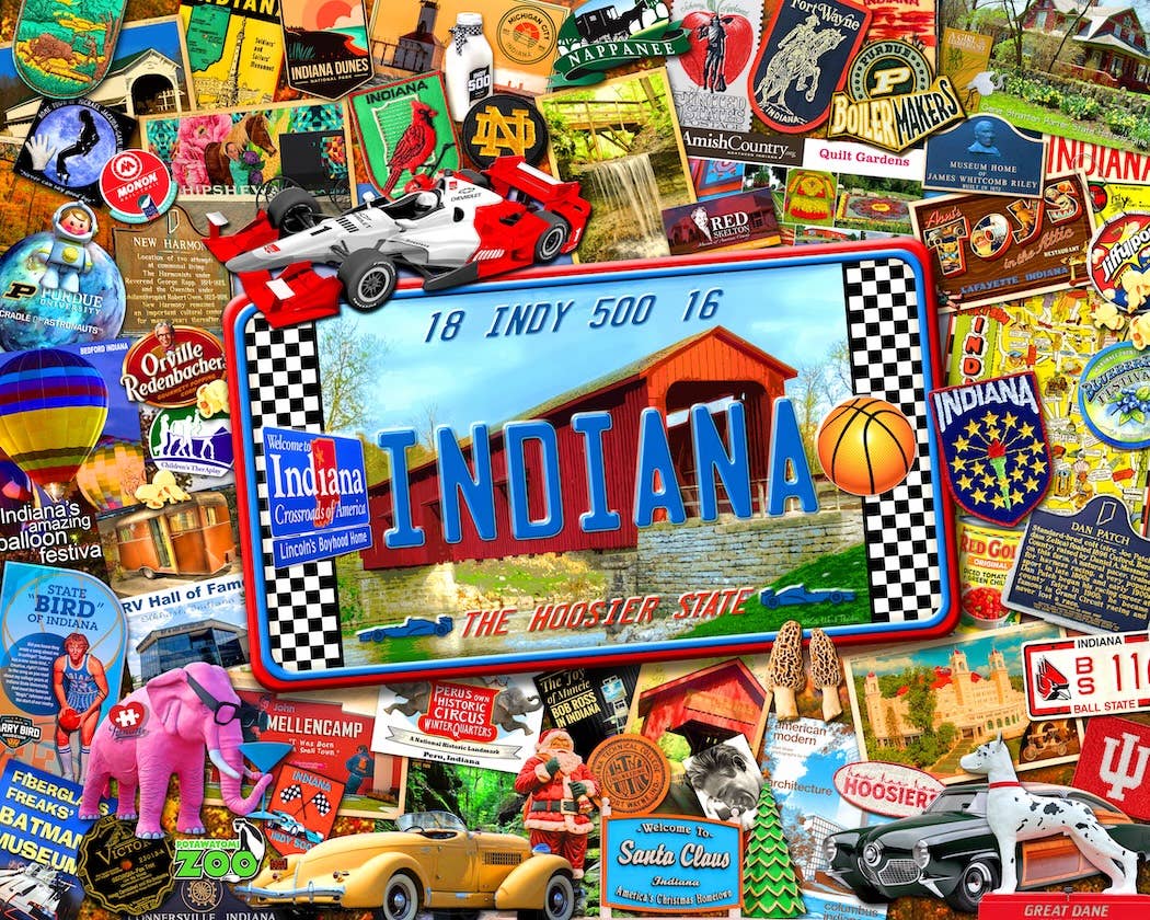 Completed Indiana 1,000-piece jigsaw puzzle: a colorful collage of Indiana landmarks and icons around an Indiana license plate