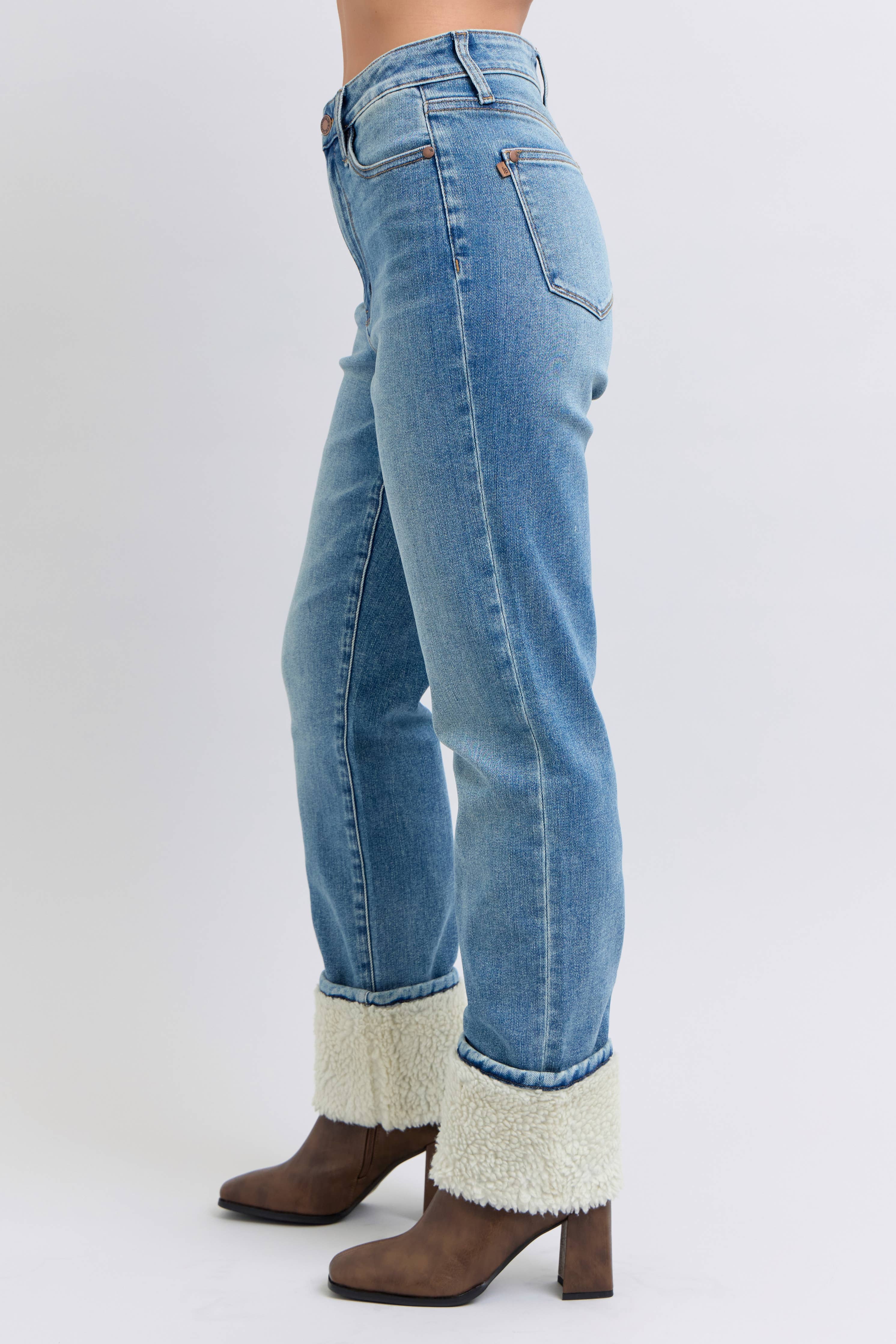 Judy Blue shearling cuff high waist straight jeans in medium wash