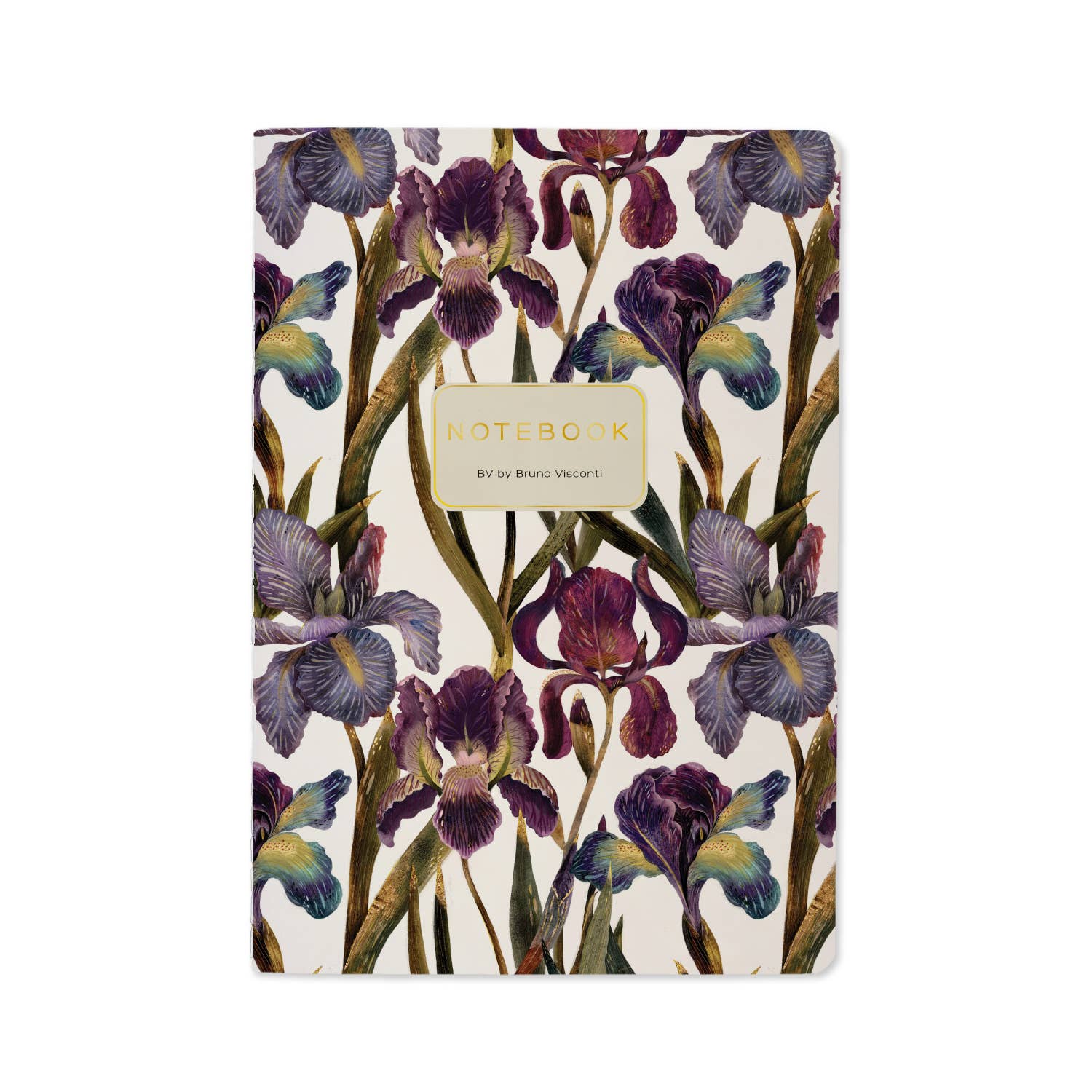 A5 ruled notebook with a painted iris cover design, front cover