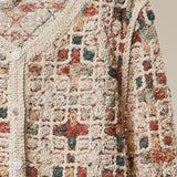 Boho Patchwork Crochet Button Cardigan in Ivory - crochet button placket detail