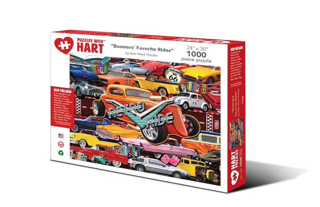 Boomers' Favorite Rides 1,000-piece jigsaw puzzle box showing a retro collage of classic cars, muscle cars and hot rods
