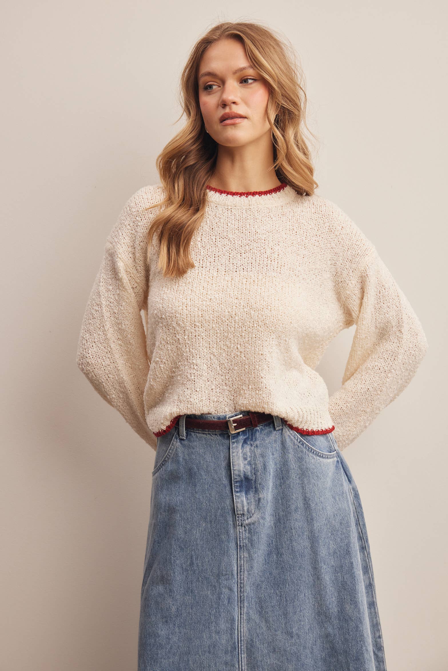 Contrast Trim Bouclé Sweater in Ivory – 4
