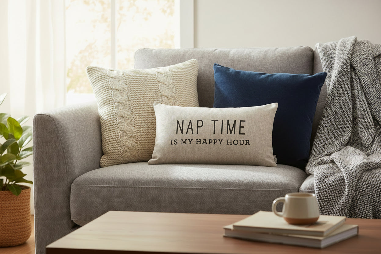 Beige pillow with text 'Nap time is my happy hour' on a white background
