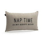 Beige pillow with text 'Nap time is my happy hour' on a white background