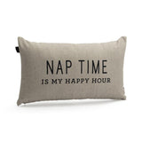 Beige pillow with text 'Nap time is my happy hour' on a white background