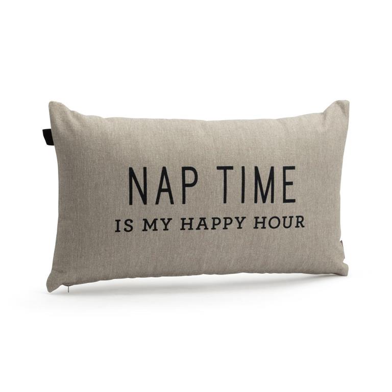 Beige pillow with text 'Nap time is my happy hour' on a white background