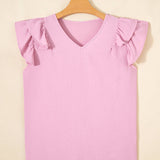 Solid Color V Neck Ruffled Detail Loose Tank Top