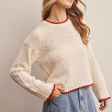 Contrast Trim Bouclé Sweater in Ivory – 7