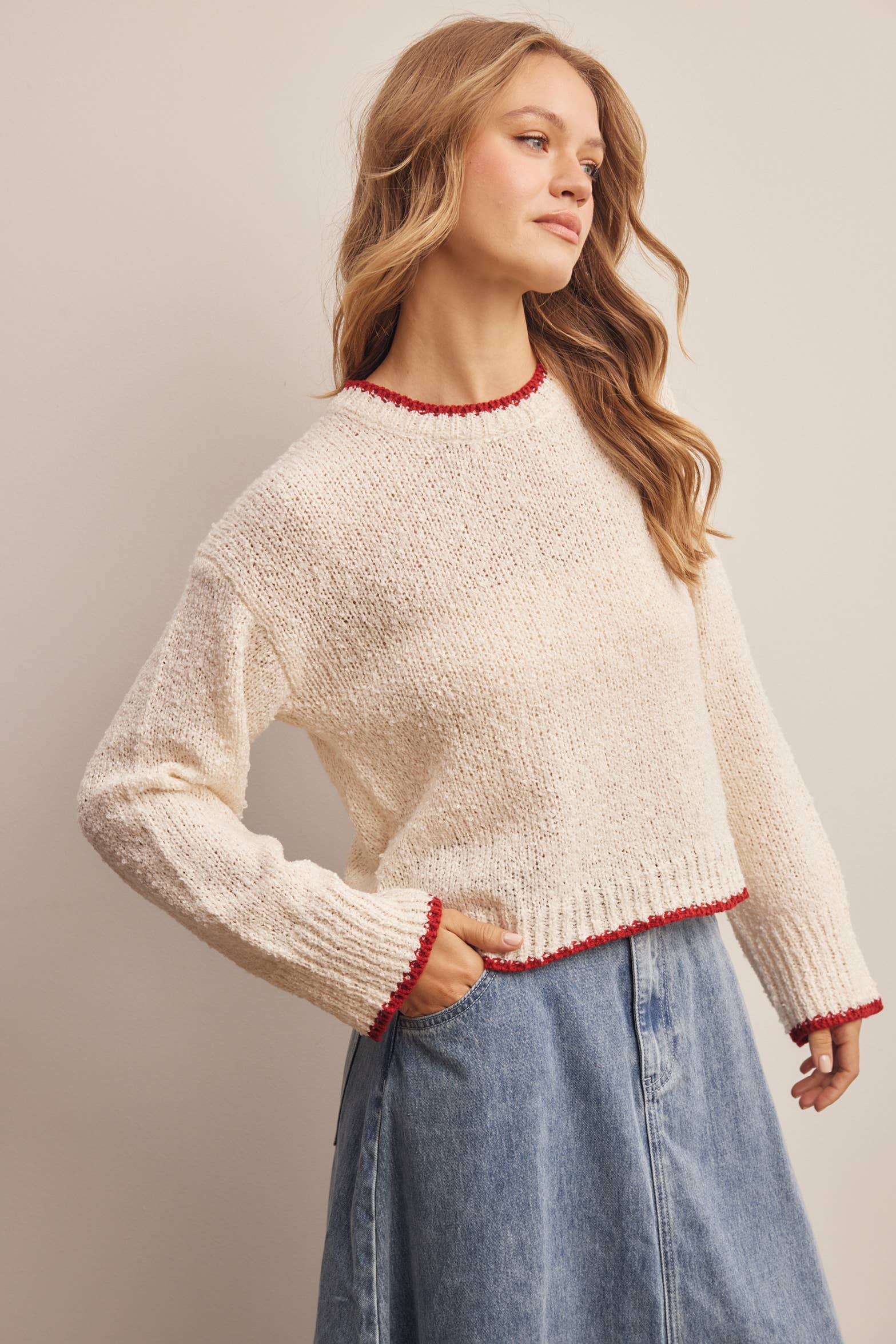 Contrast Trim Bouclé Sweater in Ivory – 7