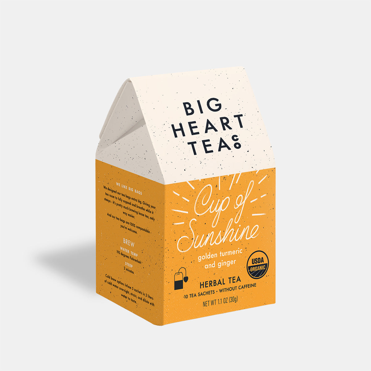 Cup of Sunshine turmeric tea 10-count box on a white background