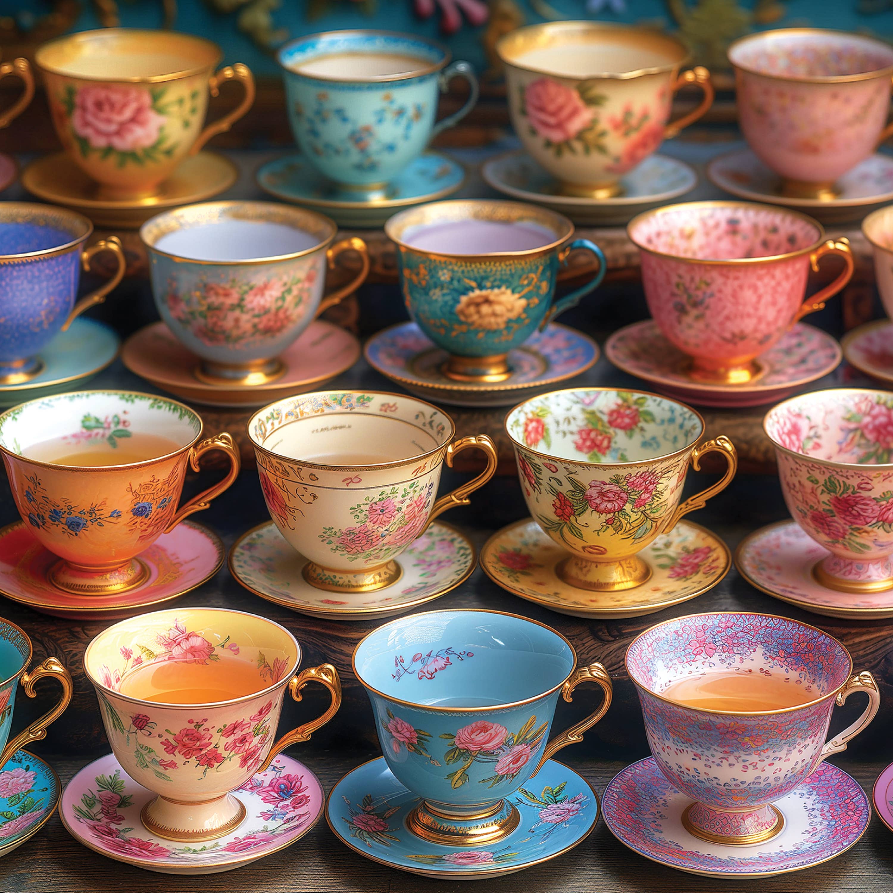 Close-up detail of the Garden Tea Cups jigsaw puzzle image