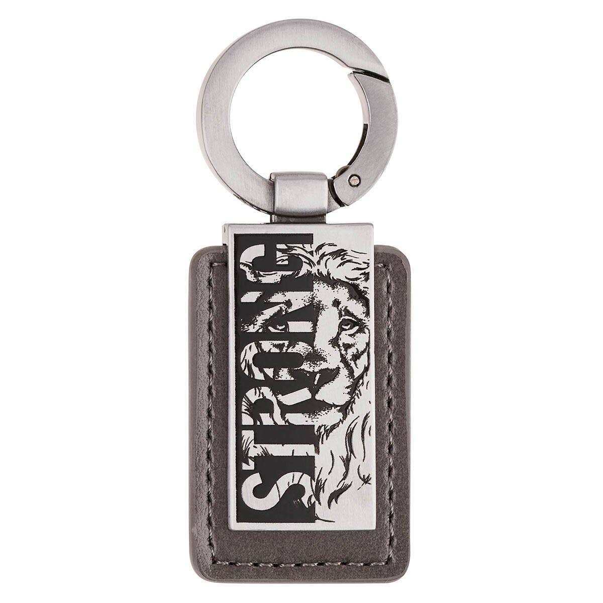 Strong gray faux leather keychain with engraved silver lion plate and Joshua 1:9