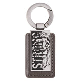 Strong gray faux leather keychain with engraved silver lion plate and Joshua 1:9