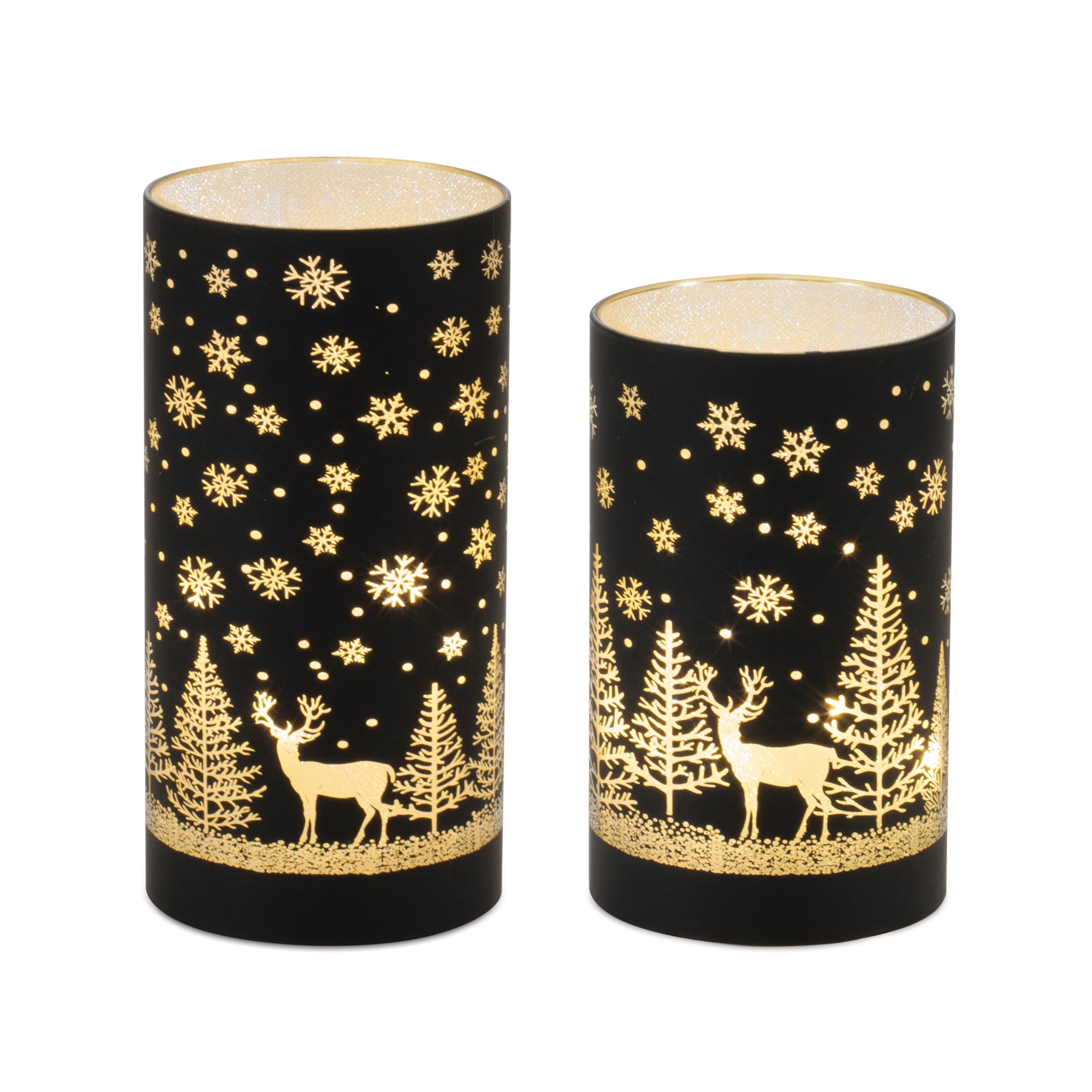 Black snowy night LED luminary with winter scene