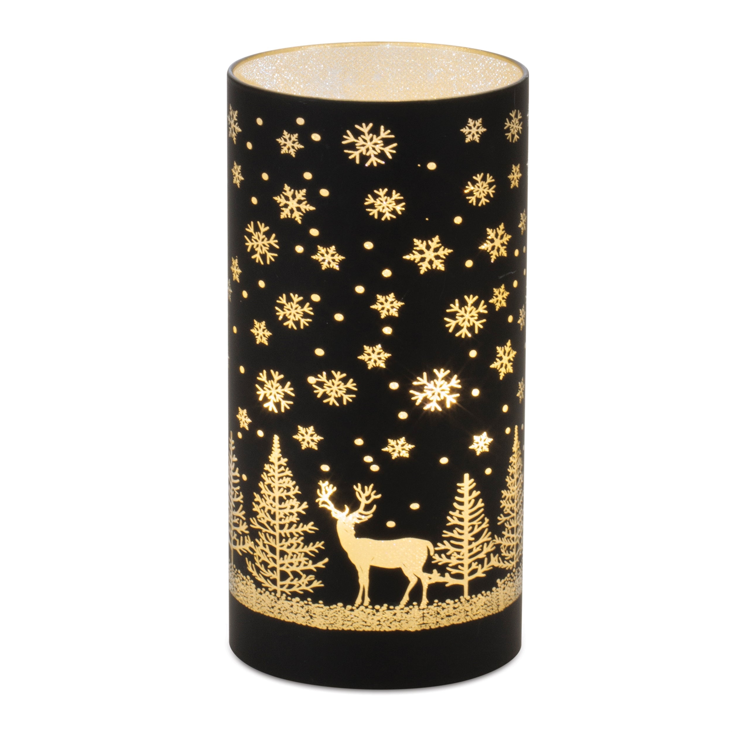 Tall black glass luminary with gold snowflakes, pine trees and a standing deer