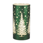 Tall deep green luminary with frosted white pine trees and falling snow dots