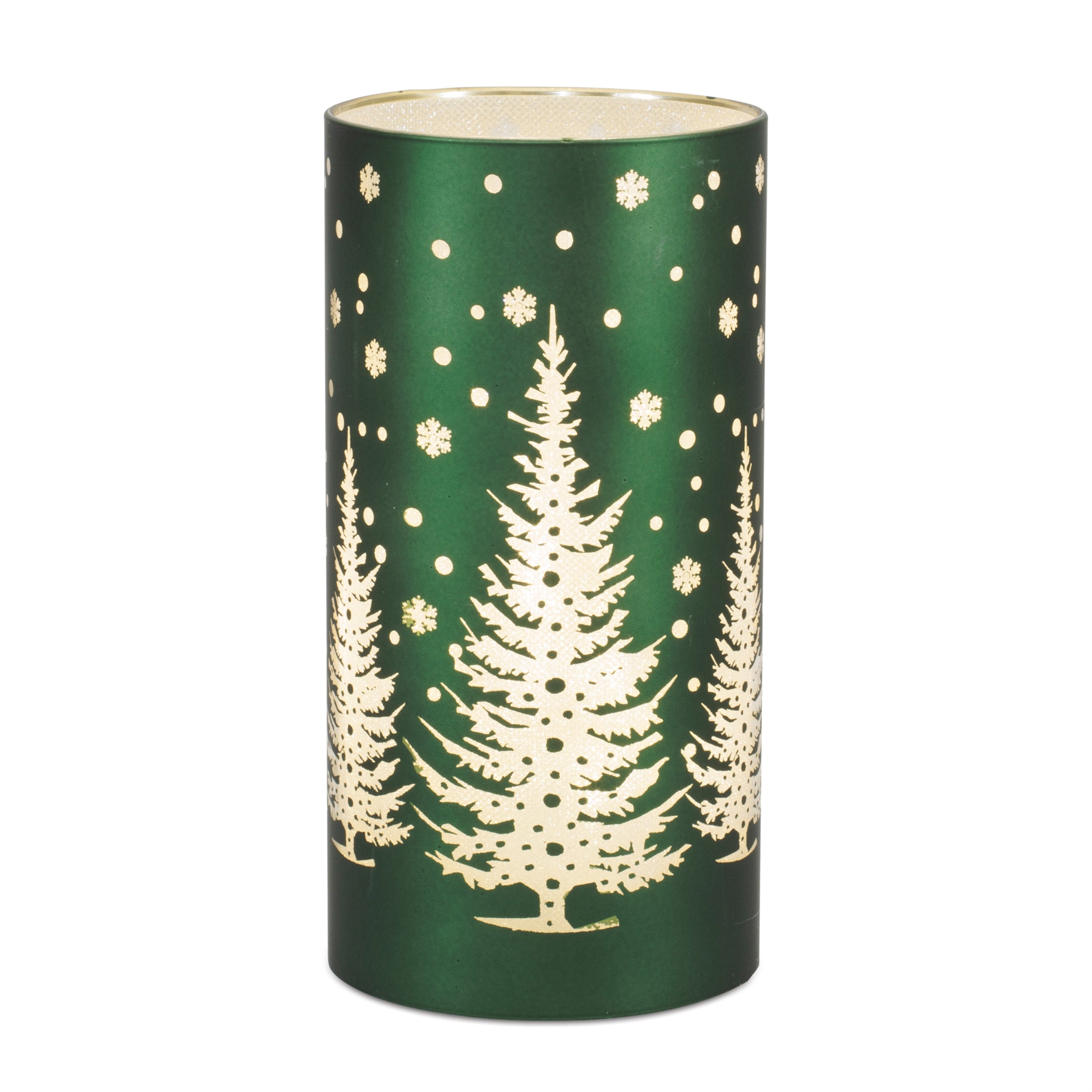 Tall deep green luminary with frosted white pine trees and falling snow dots