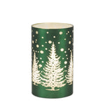 Short green luminary with a frosted white pine tree scene and snowflakes