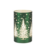 Short green luminary with a frosted white pine tree scene and snowflakes