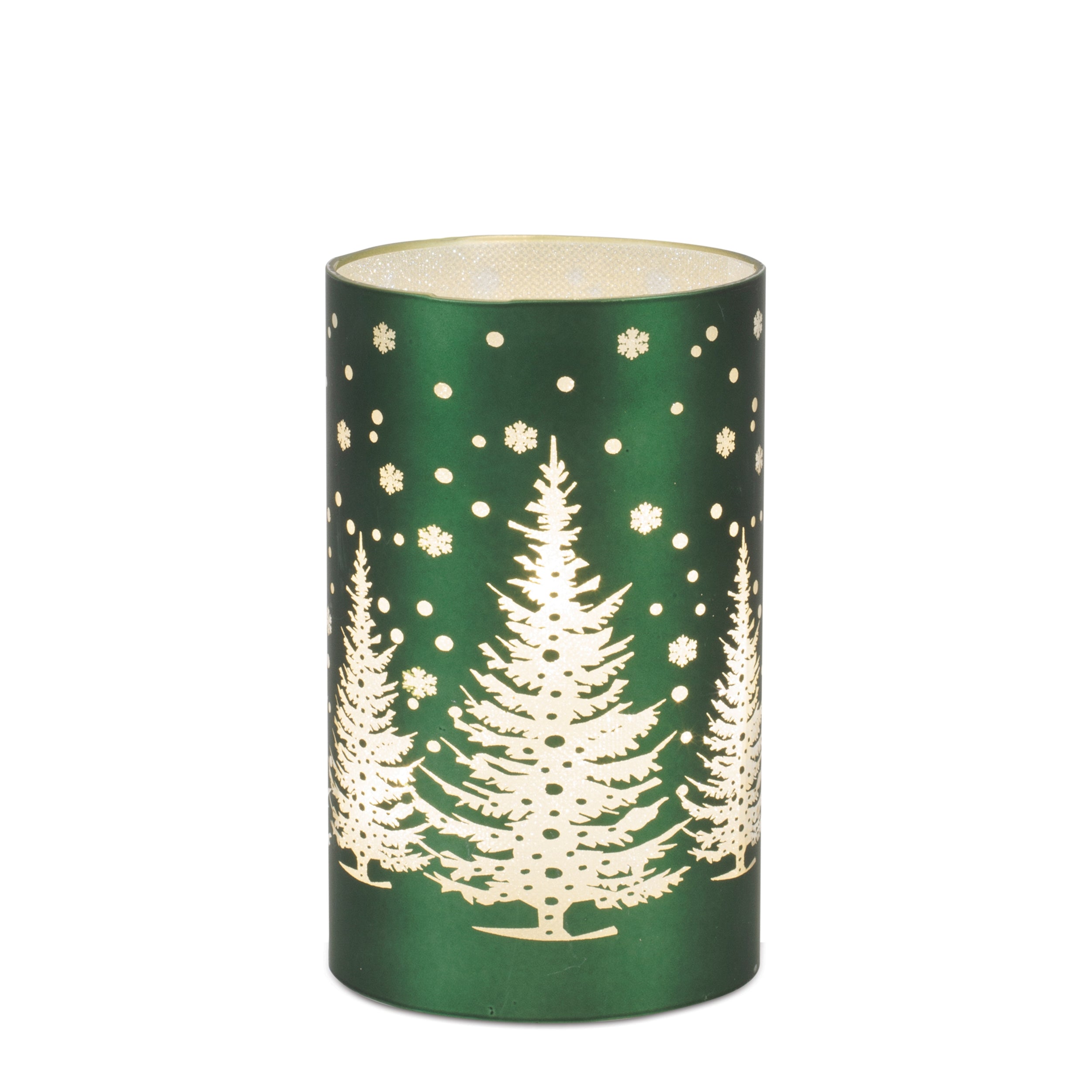Short green luminary with a frosted white pine tree scene and snowflakes