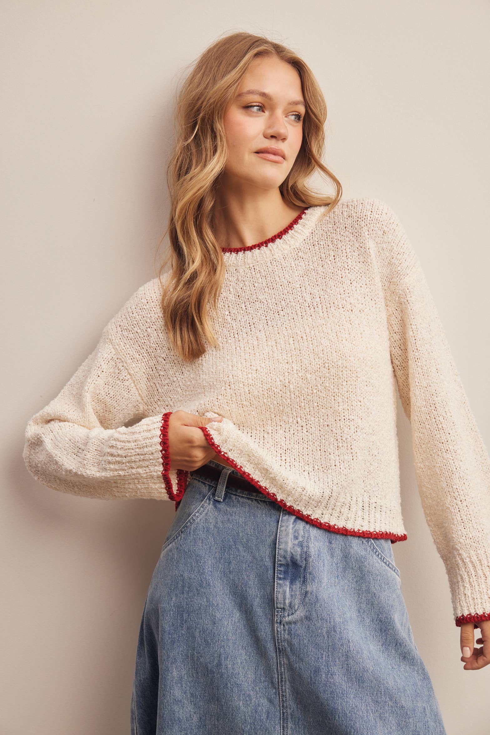 Contrast Trim Bouclé Sweater in Ivory – 1