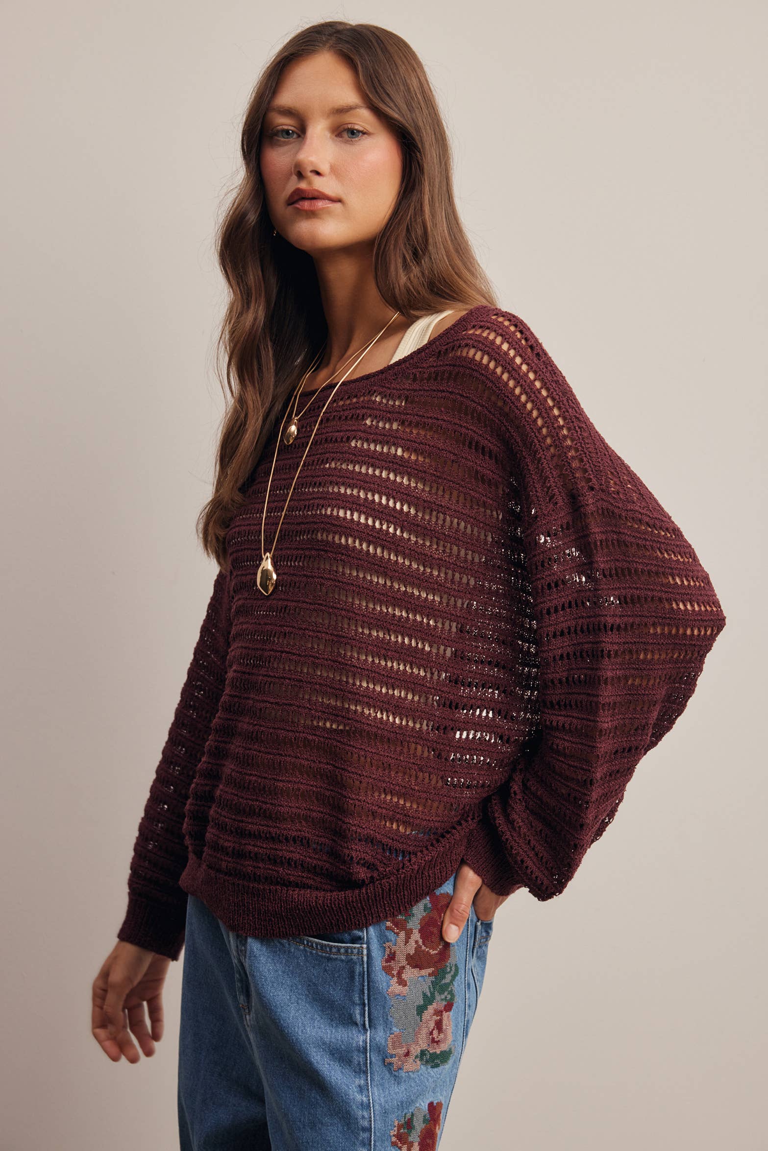 Open-Knit Stripe Sweater Top in Burgundy – 6